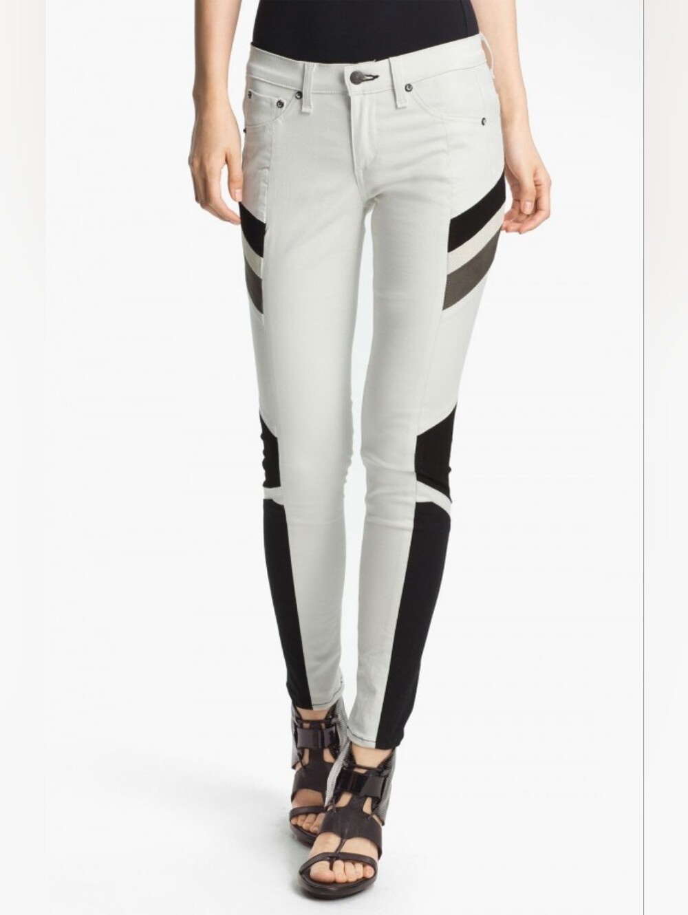 RAG & BONE Halifax Tri-Tone Lambskin Panel Motocross Ankle White Skinny Jeans 32